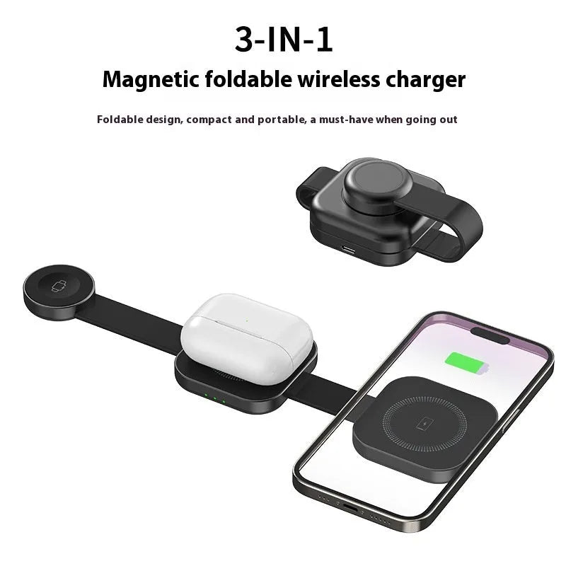 Three-in-one magnetic wireless charger stand in dark grey with a smartphone, watch, and earphones placed on it