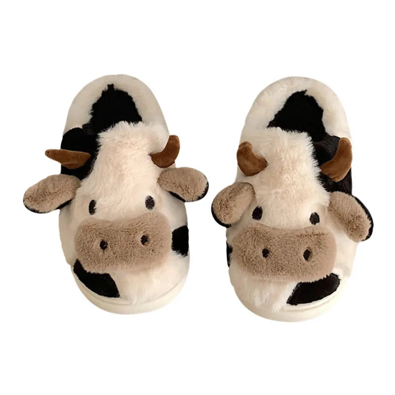 White cow animal slippers with faux fur and anti-slip textured soles