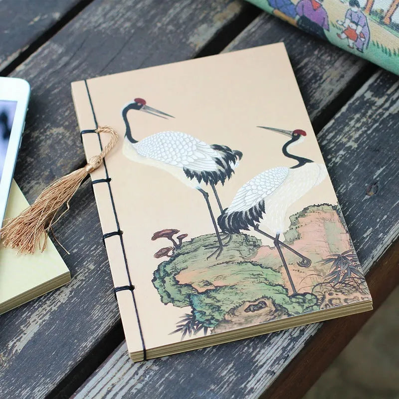A5 antique wire-bound notebook with retro painting cover, wax rope binding, and tassels
