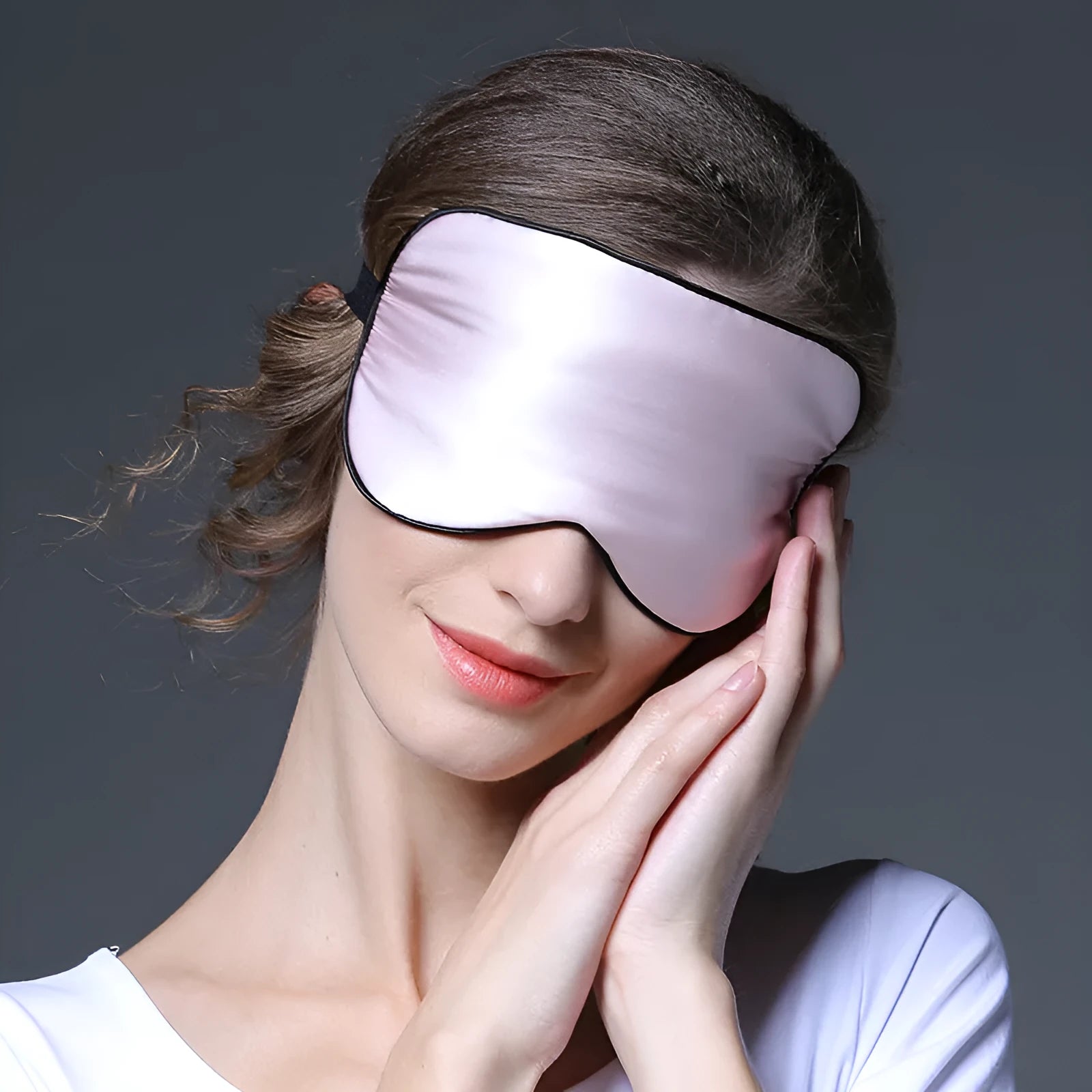 Double-sided mulberry silk eye mask in a choice of 22 colours, showing embroidered print.