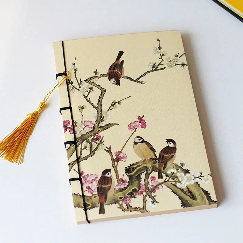 A5 antique wire-bound notebook with retro painting cover, wax rope binding, and tassels