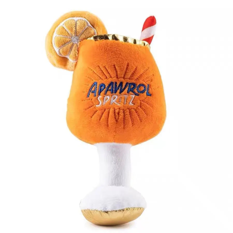 Yellow plush beer bottle squeaky dog toy with teeth-cleaning feature, 7cm size