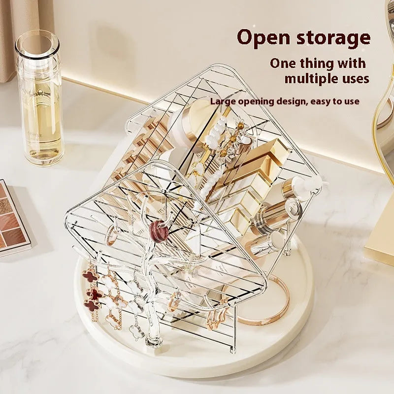Rotating cosmetics storage box in clear or amber gold with 360-degree rotation mechanism