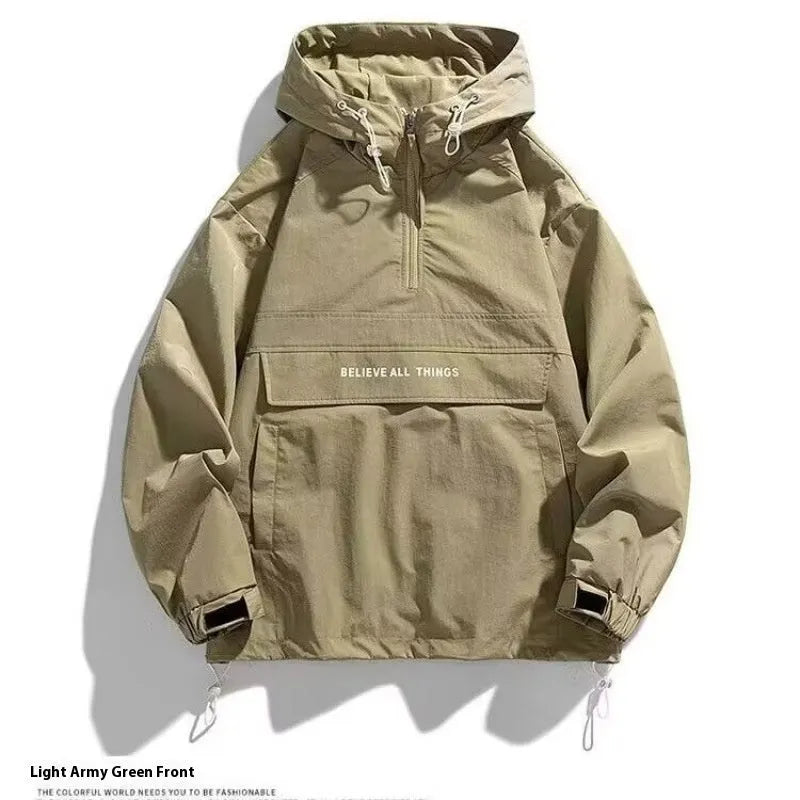 Men's half zip pullover hoodie polyester casual top in spring autumn colours black green orange red