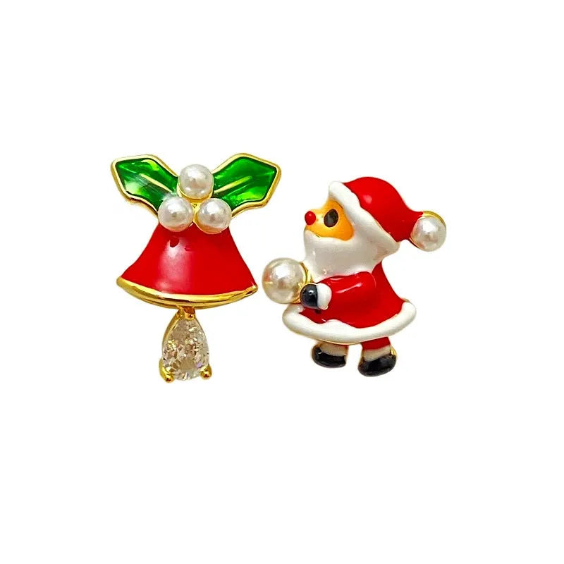 Pair of copper Christmas earrings with gold plating, cartoon Santa figure and jingling bell