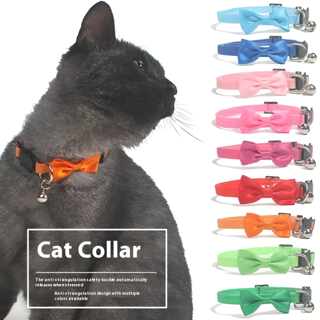 Striped multi-colour adjustable nylon cat collar with a small bell attached.