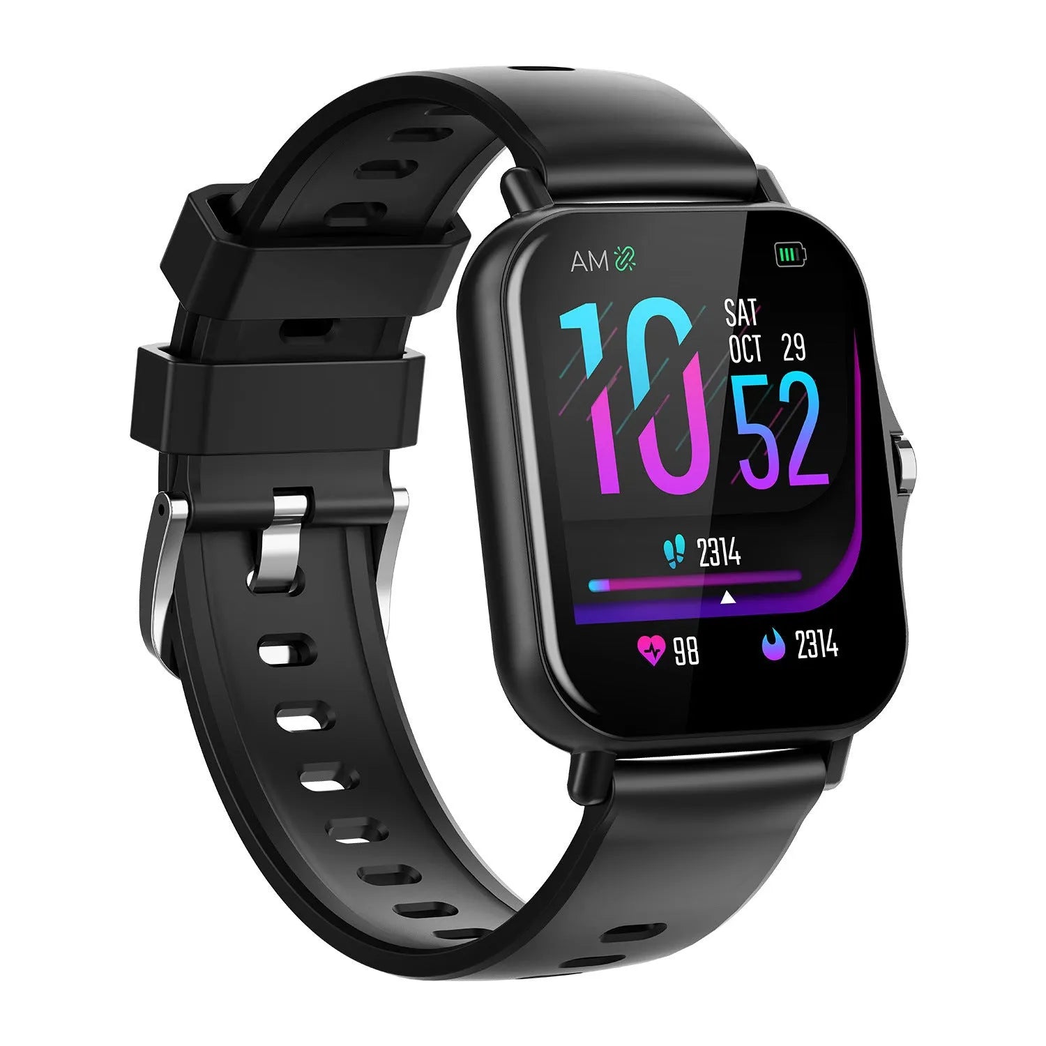 W10 smart watch in black showing heart rate and blood pressure on its 1.75 inch curved touch screen.
