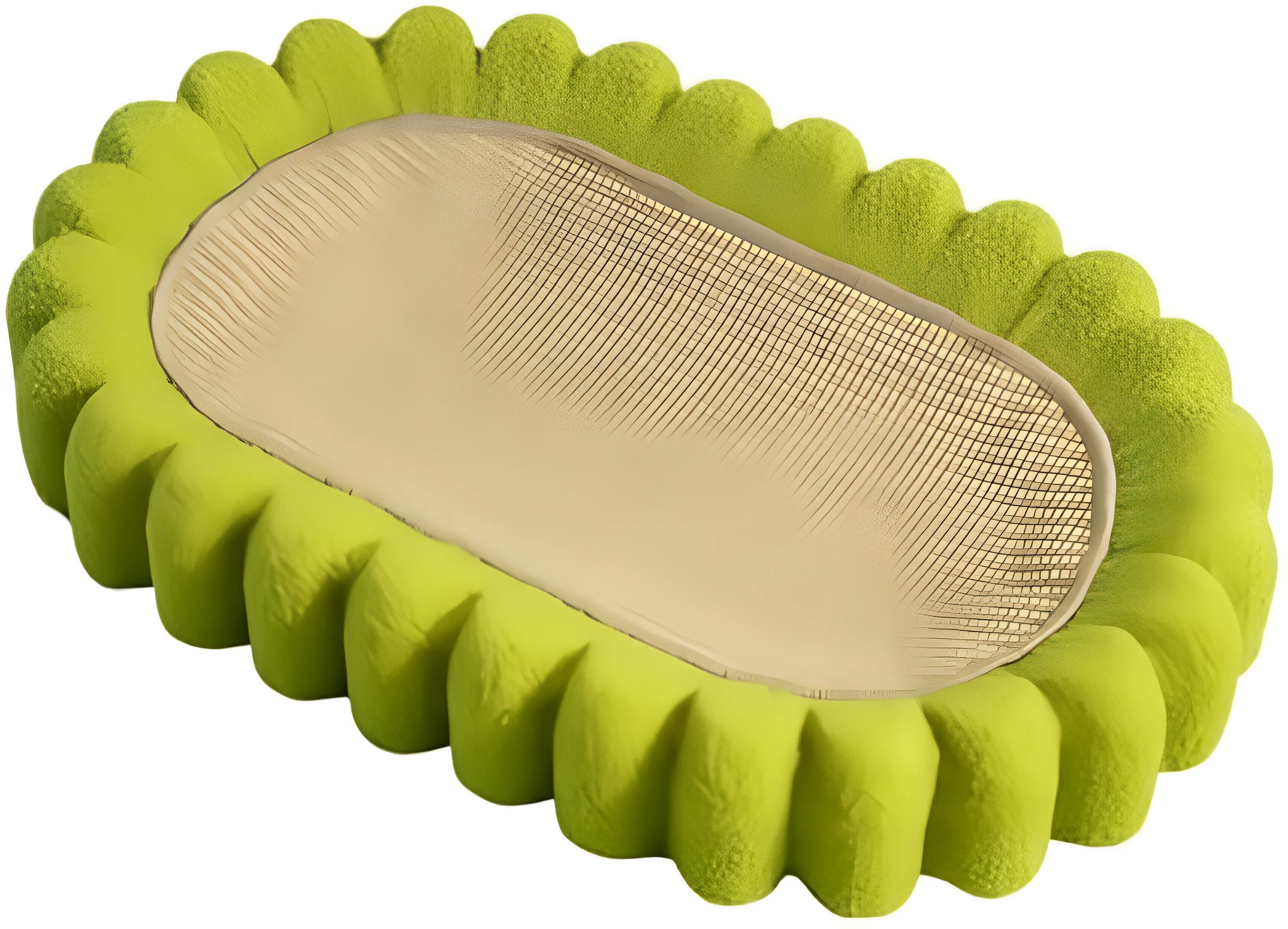 Green oval sisal cat scratching pad that also serves as a cat bed.