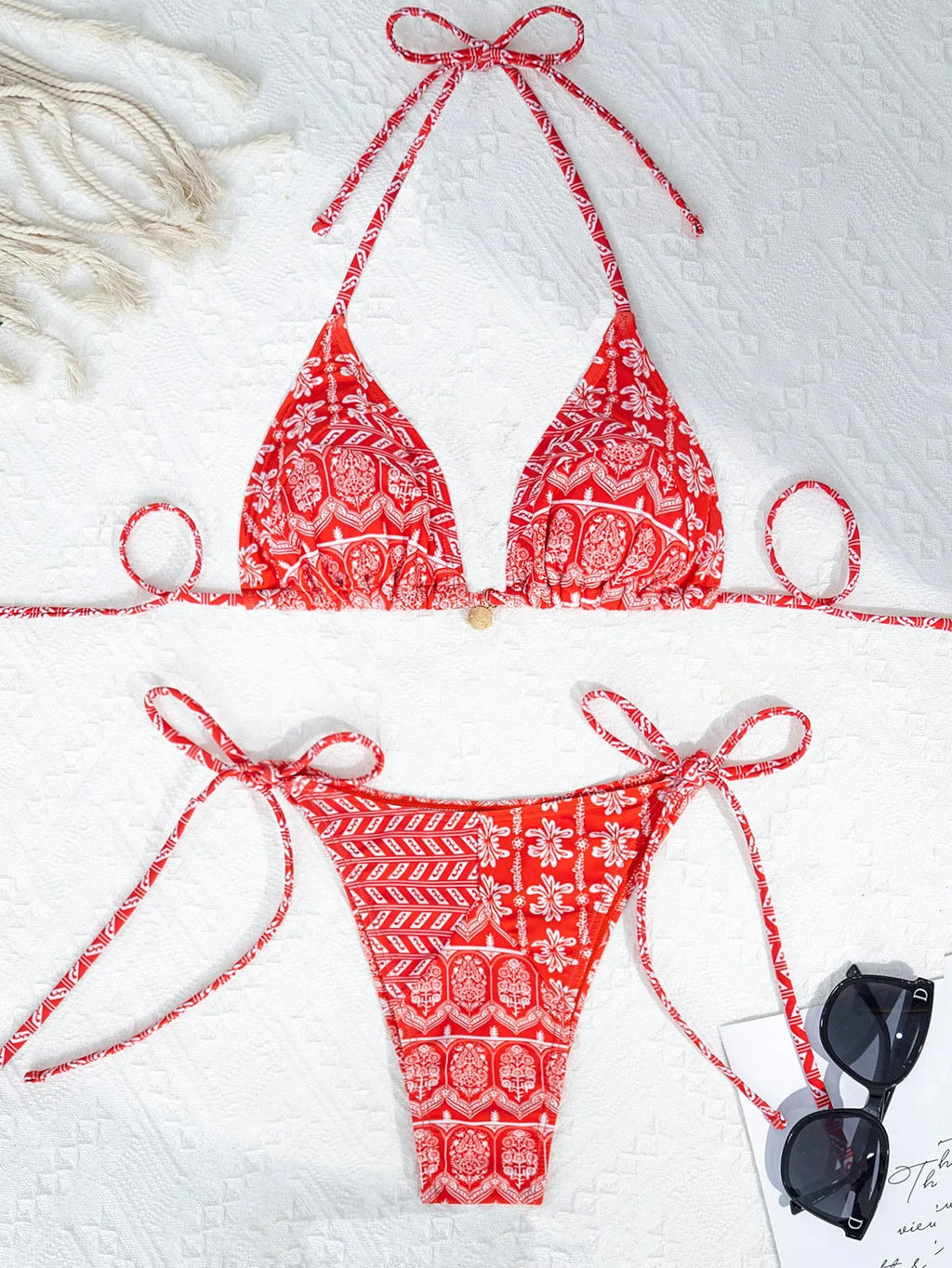 Women's split bikini swimsuit with bandage stitching in polyester material