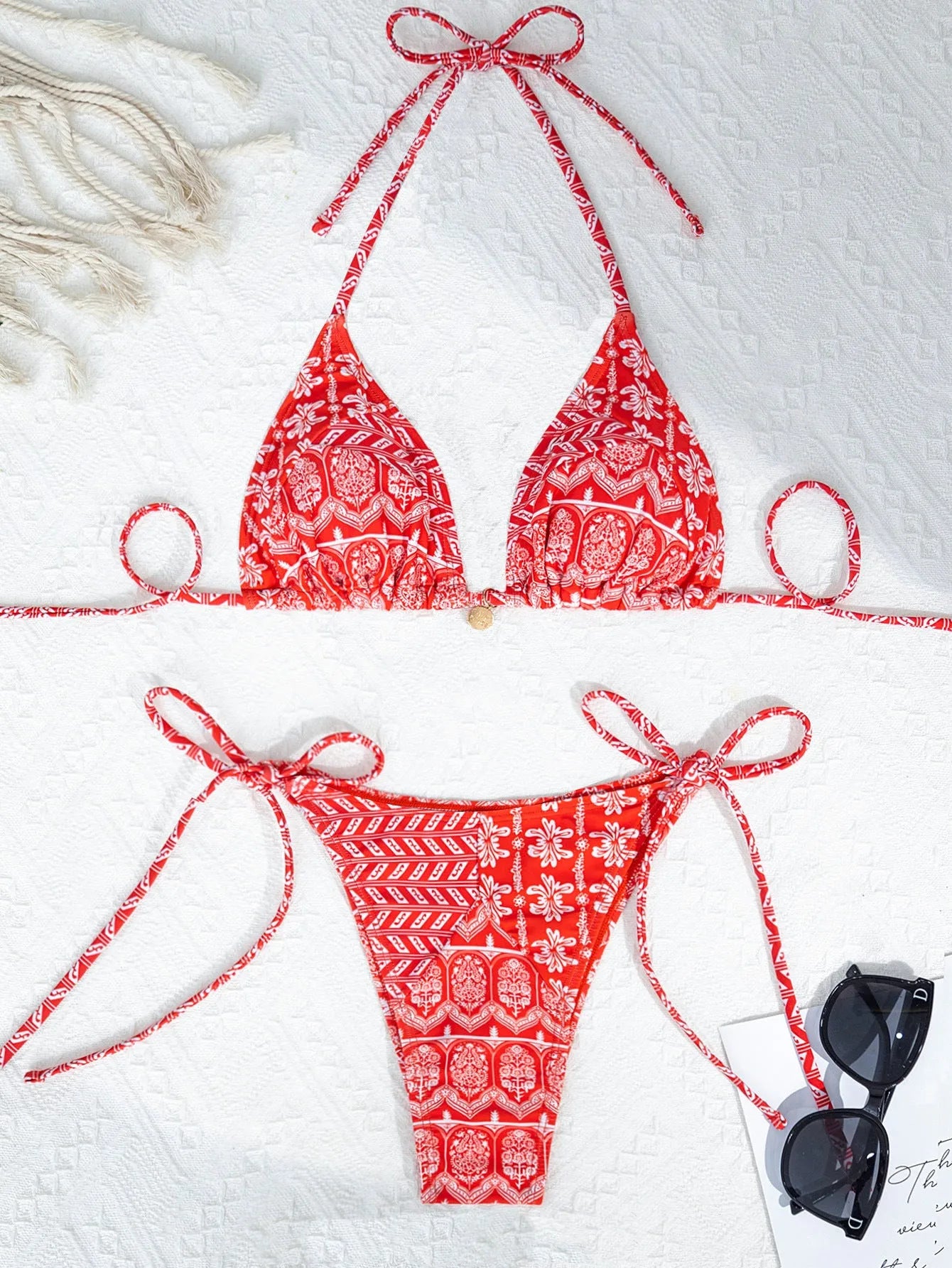 Women's split bikini swimsuit with bandage stitching in polyester material