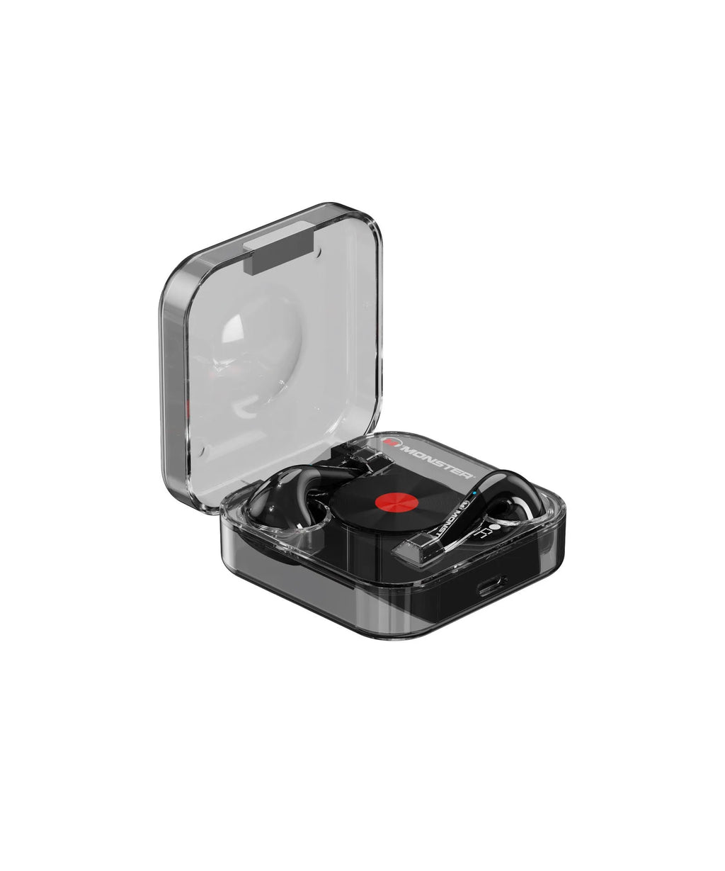 New wireless Bluetooth headset in black with Bass HD Black Technology and earplug design