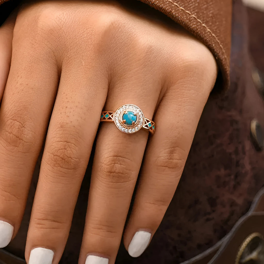 Women's turquoise ethnic style ring with oil micro inlaid zircon in rose gold geometric design