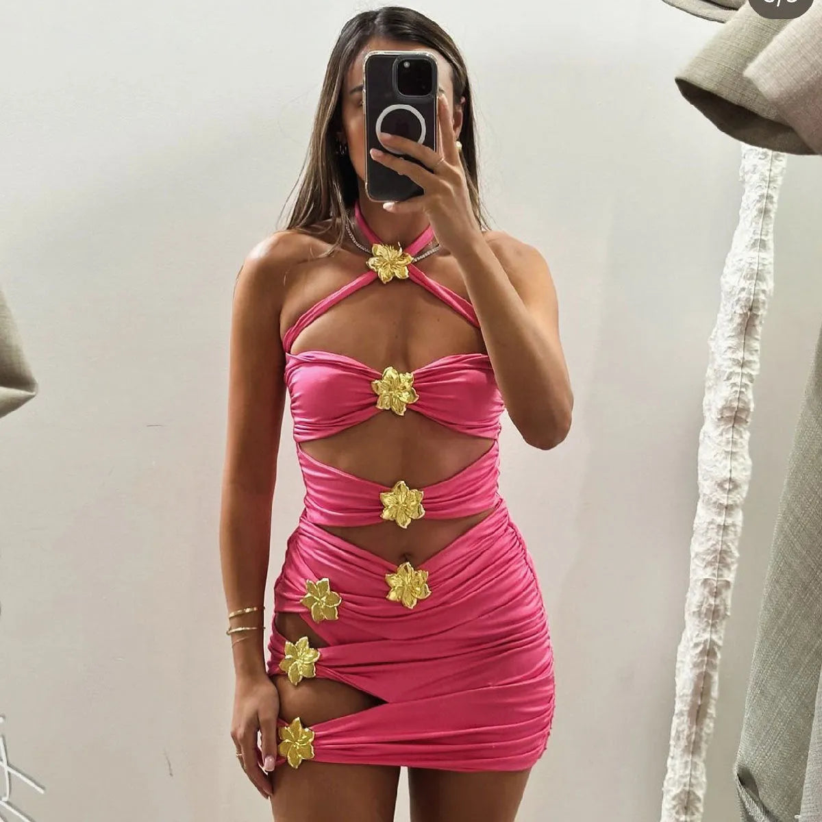 Women's solid colour one-piece swimsuit with matching short skirt in high-waisted tankini style