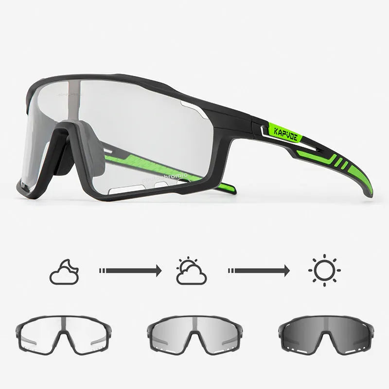 Photochromic cycling sunglasses with a semi-rimless TR90 frame shown in one of fourteen colour options.