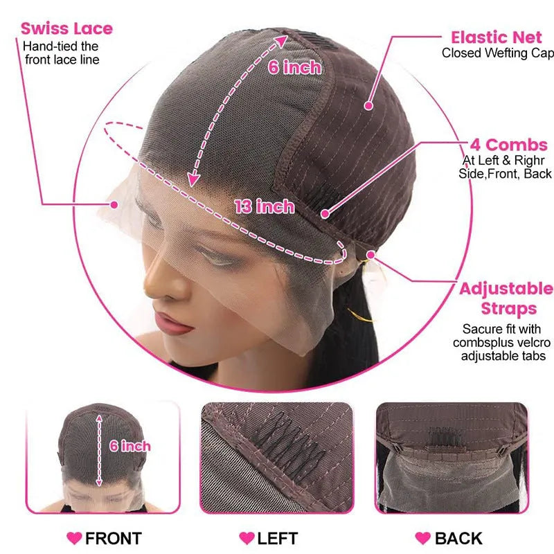 Black straight 13x6 lace front human hair wig displayed on a mannequin head, showing a natural hairline.