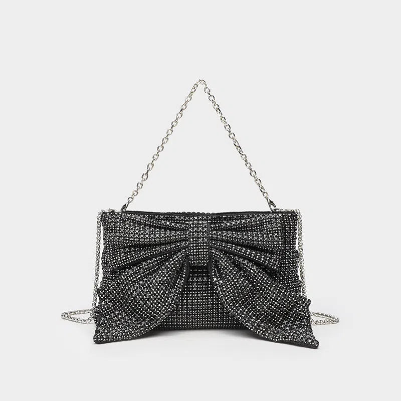 Fashion evening banquet full crystal rhinestone single shoulder chain crossbody bag bow shape polyester silver colour