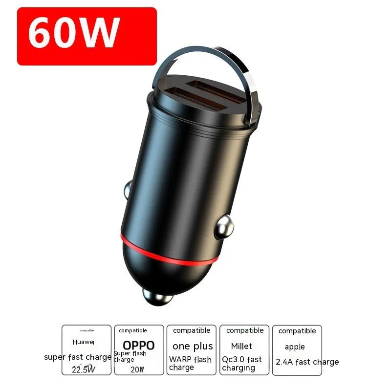 Black zinc alloy car charger with USB port, showing compact dimensions for vehicle use.