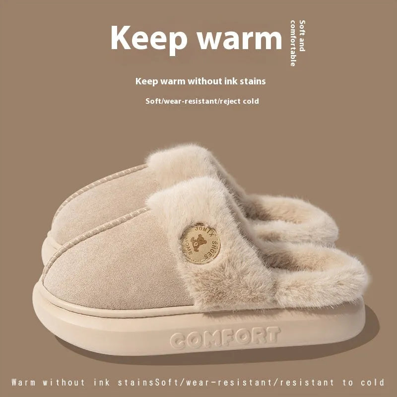 Pair of thick-soled fleece slippers in multiple colour options on a white background.
