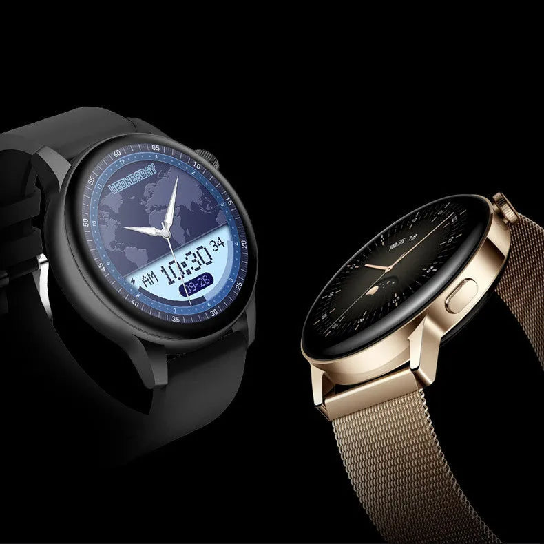 Smart watch with a colour touchscreen display and stainless steel case, shown in black, pink, or silver.
