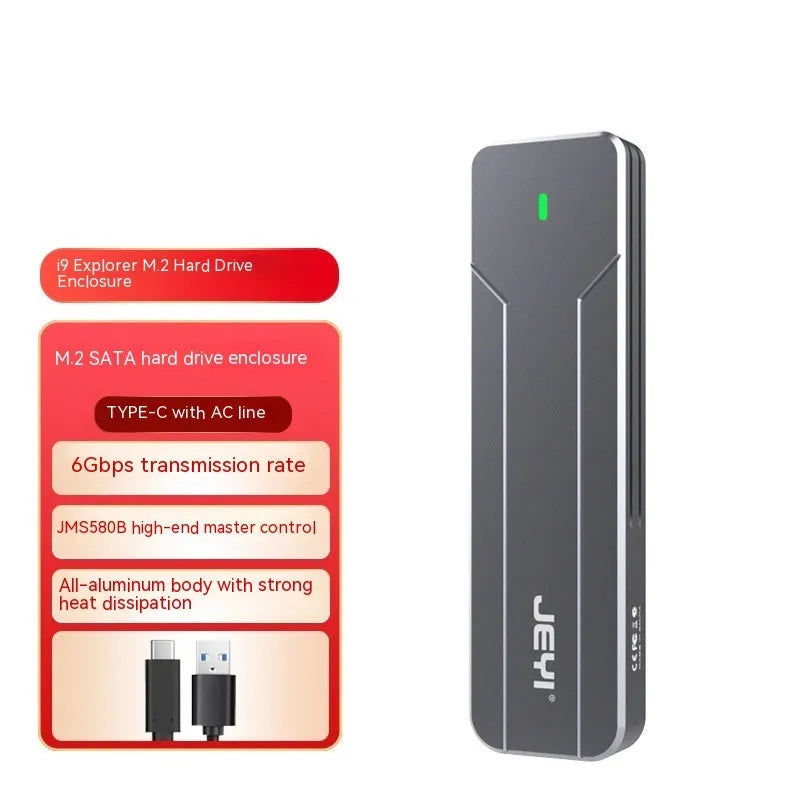 Dark grey all-aluminium alloy external reader disk box for M.2 SATA and NVMe SSDs with USB cable