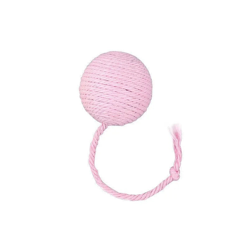 Cat toy ball with rope in four colours: green, pink, purple, and yellow