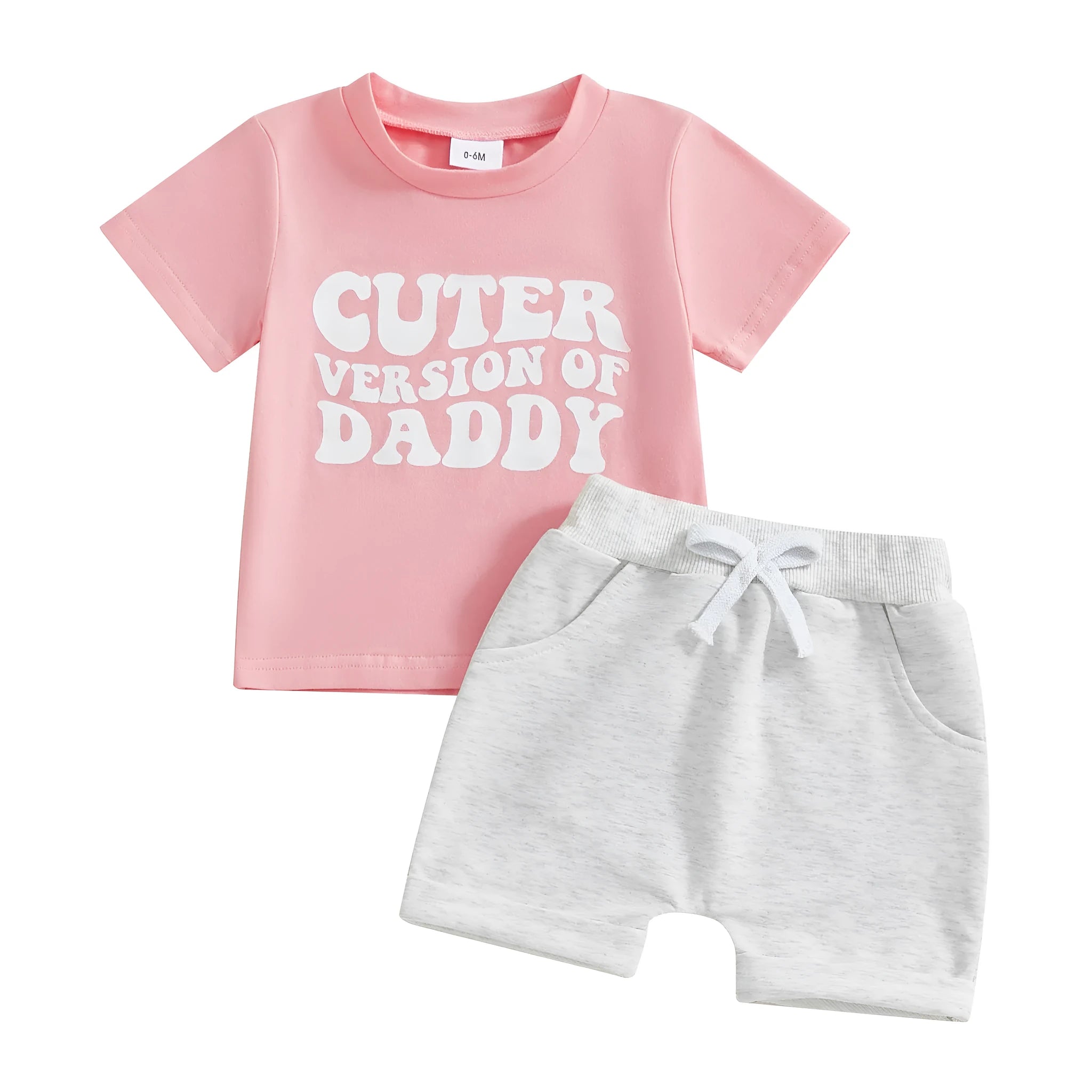 Baby girl letter print short-sleeve suit with blouse and pants in pink cotton mixed fabric