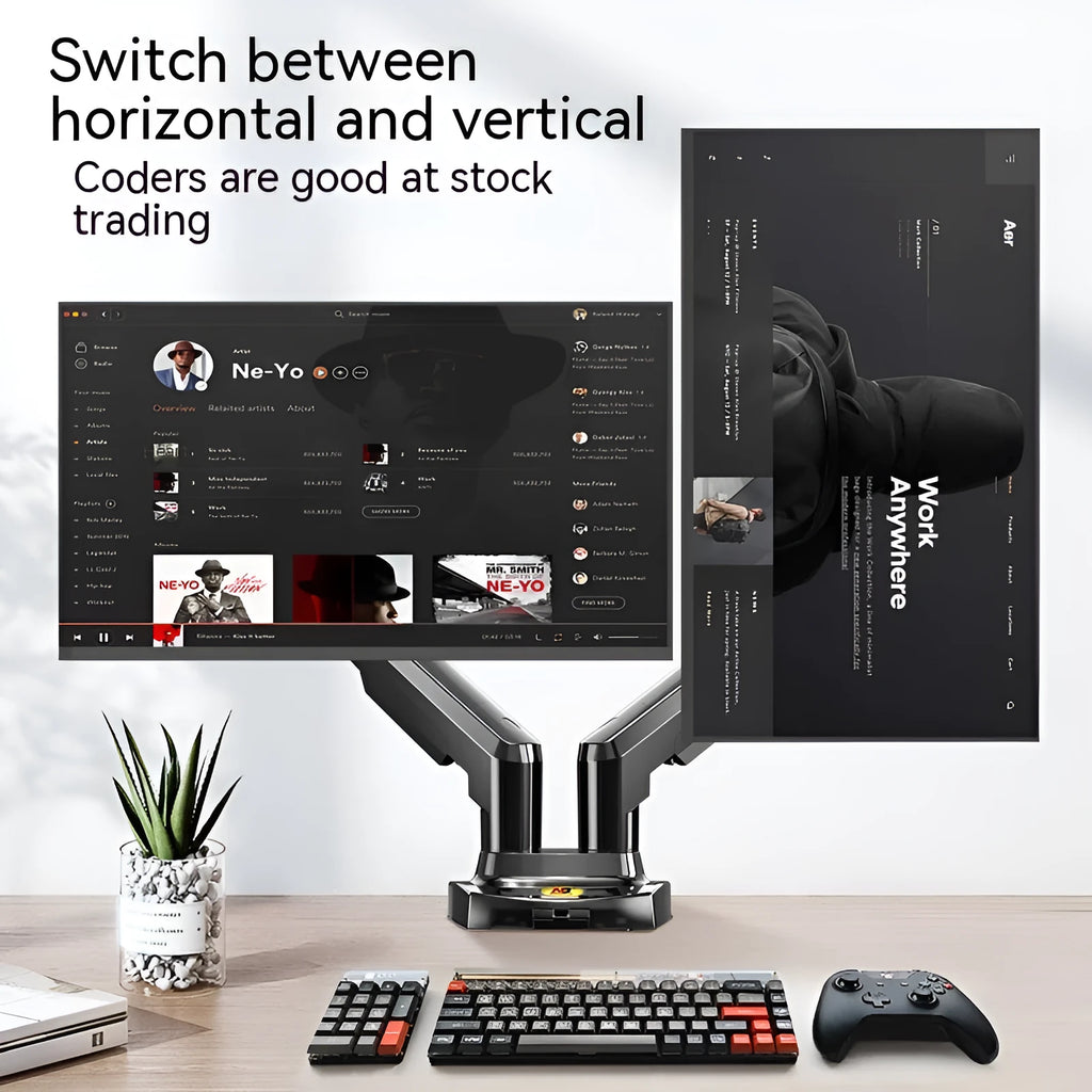 Dual screen monitor bracket with aluminium alloy construction and VESA mounting holes