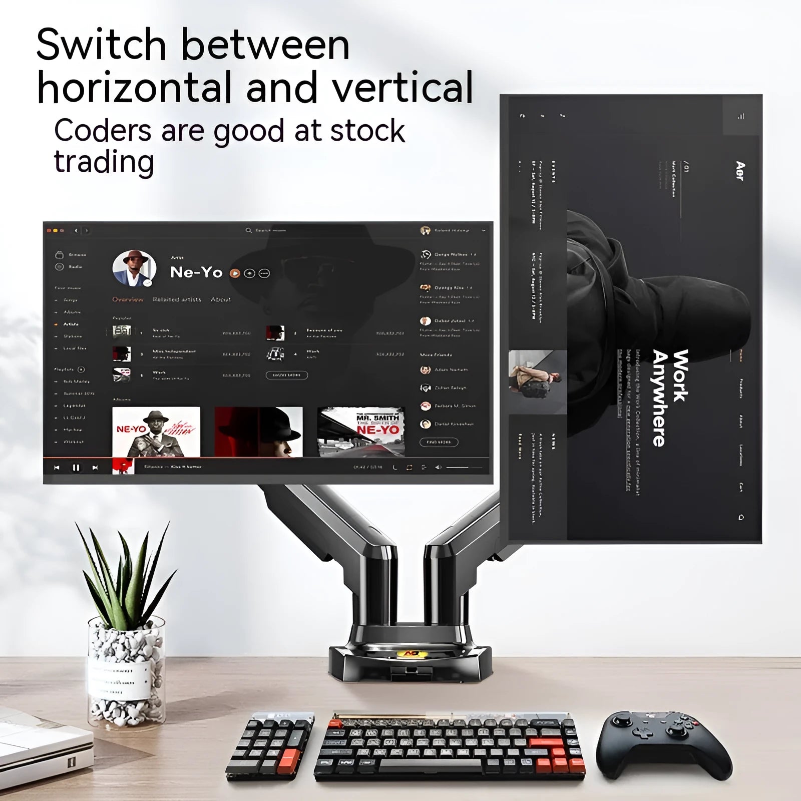 Dual screen monitor bracket with aluminium alloy construction and VESA mounting holes