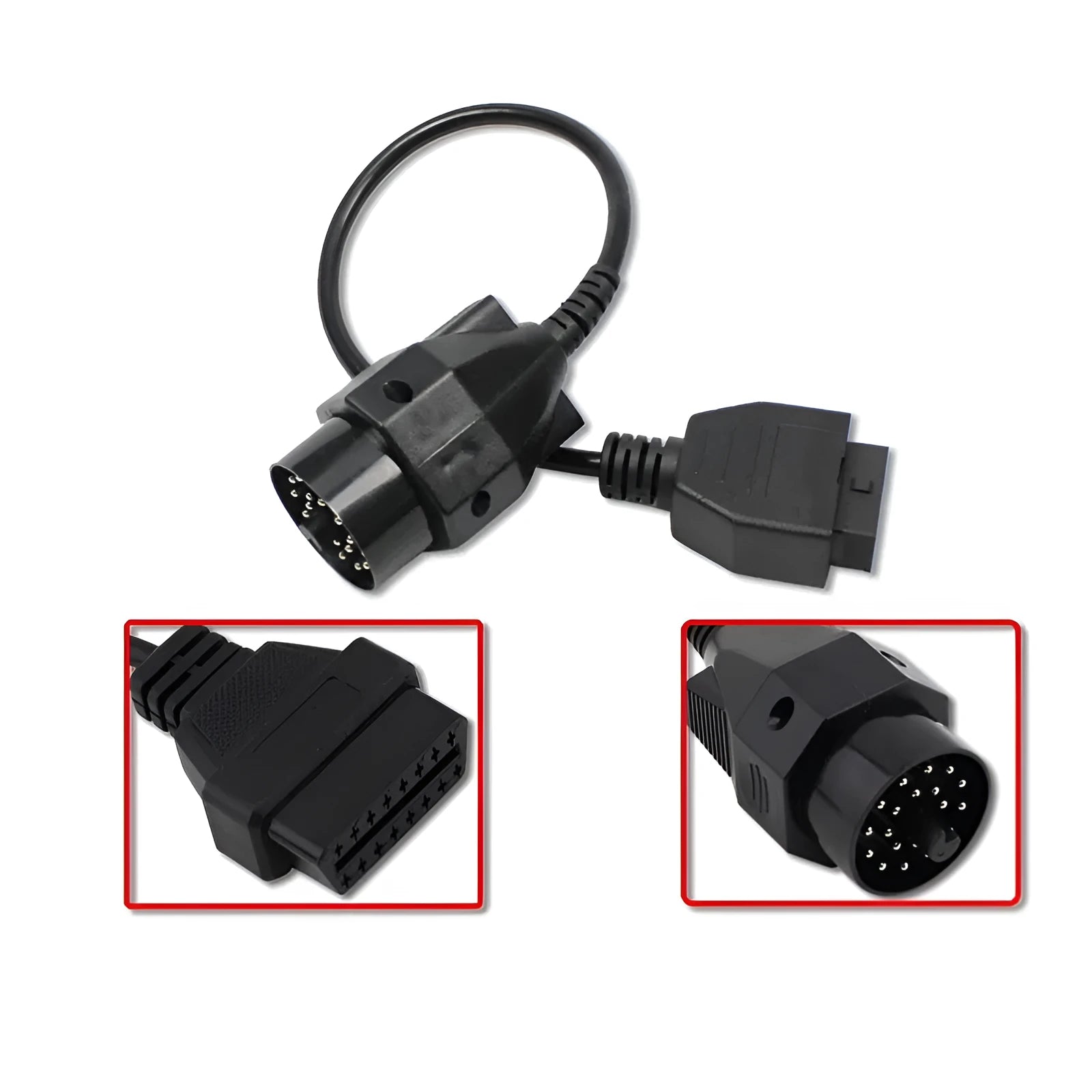 BMW 20-pin male to OBD2 16-pin female diagnostic adapter cable on a workshop bench