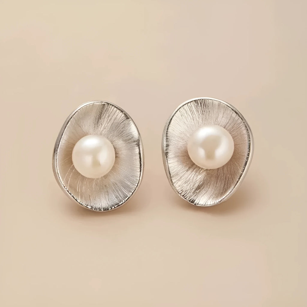 Gold-plated geometric sterling silver ear studs with genuine freshwater pearls