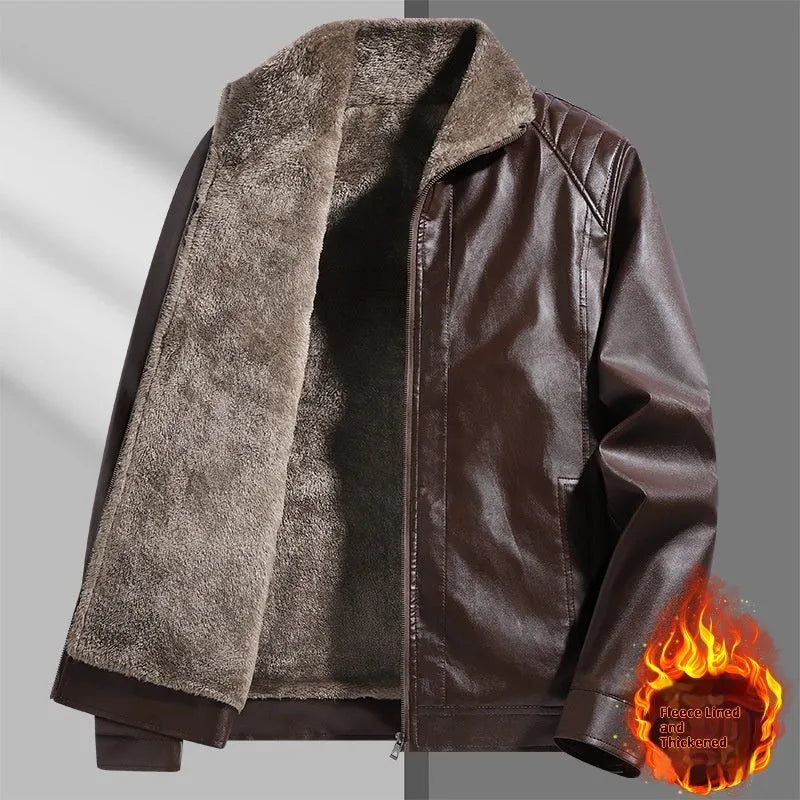 Men's fleece-lined thickened real leather jacket in black, casual leisure outerwear
