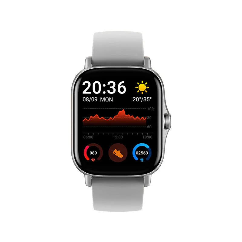 GT20 black smartwatch with alloy case and silicone strap showing touch screen display.