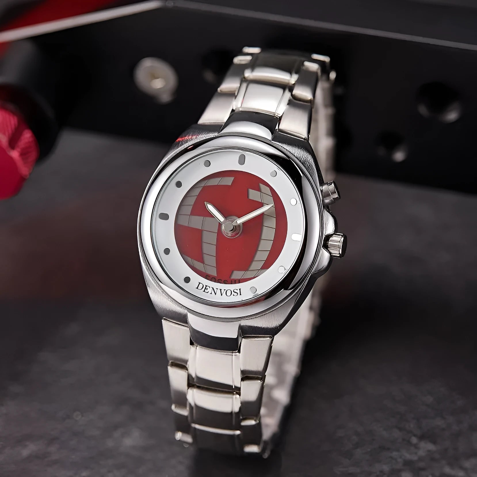 Y2K digital dual display men's watch with 40mm face, alloy strap, and stainless steel buckle in red or blue colour options