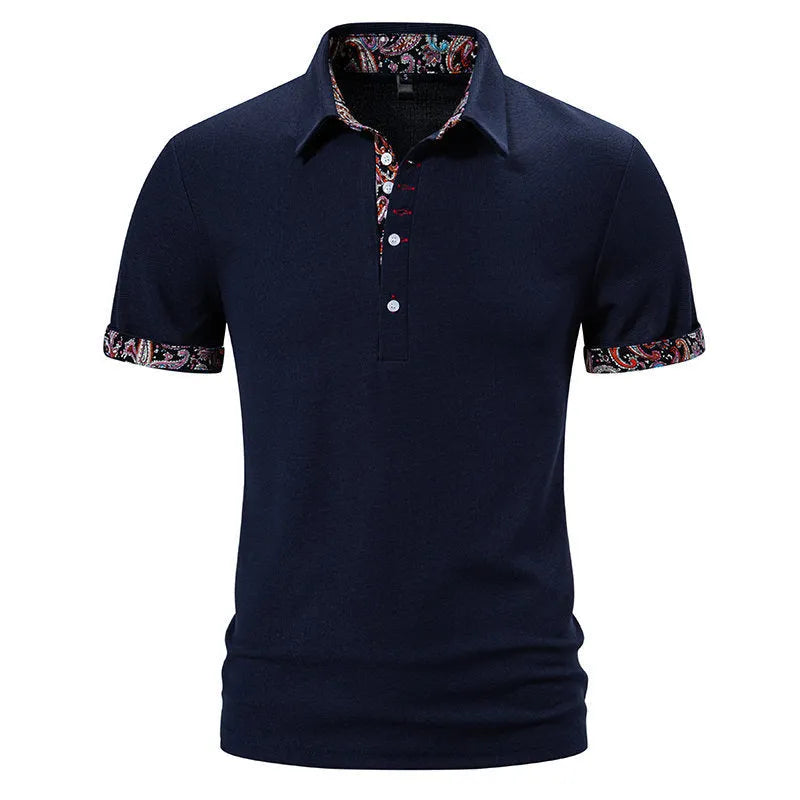 Men's cotton blend polo shirt in navy blue with a turnover collar and colour stitching detail.
