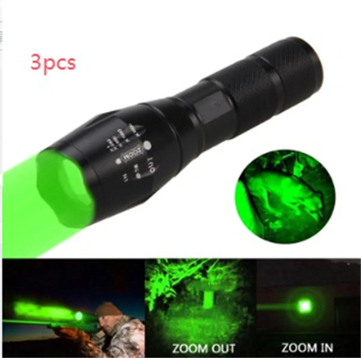 Black aluminium alloy zoomable LED flashlight with adjustable focus ring on a textured body.
