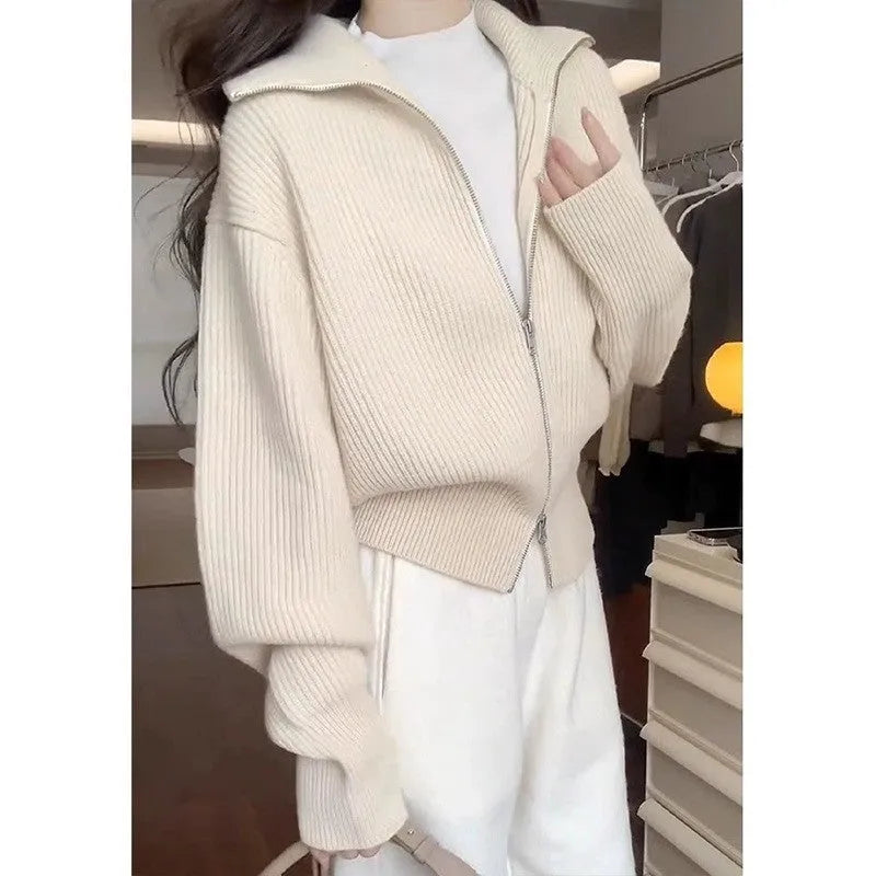 Hong Kong style grey double zipper knitted cardigan with floral pattern, loose fit.