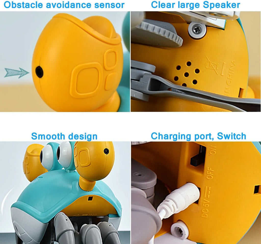 Blue automatic crab dog toy with obstacle avoidance sensor on a flat surface.