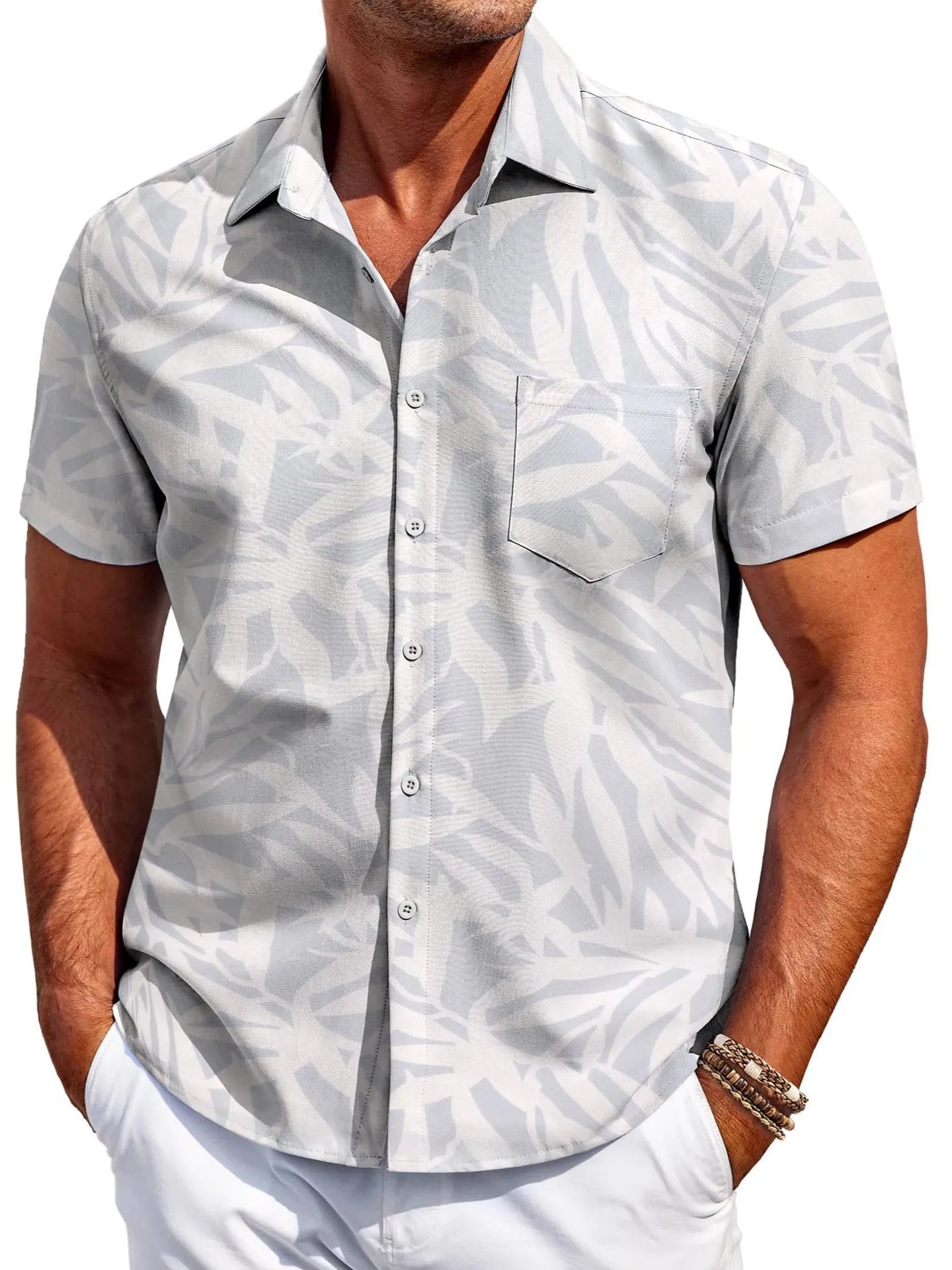 Men's slim fit Hawaiian short sleeve shirt in elastic polyester fabric