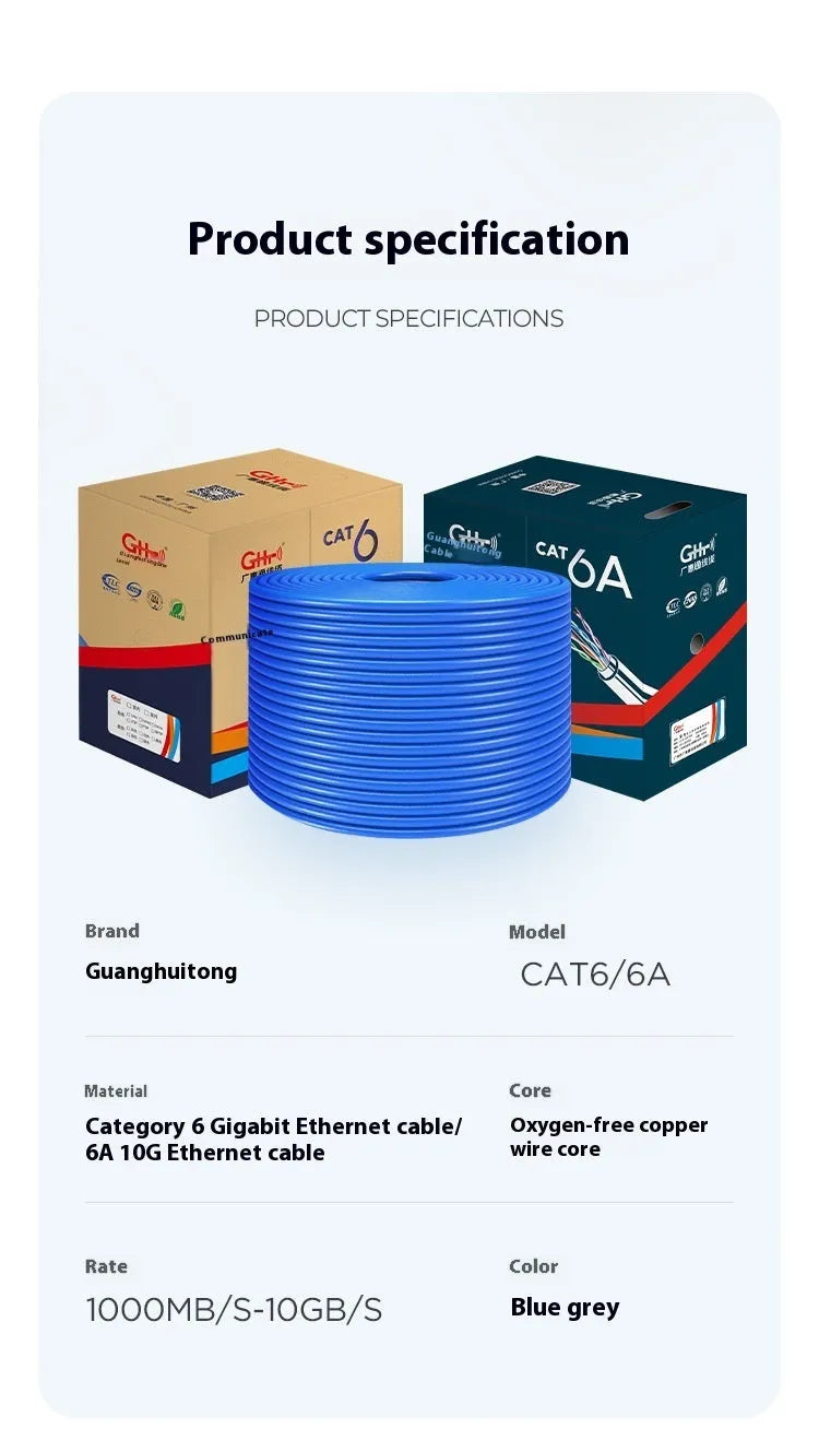 A blue reel of Cat 6a Ethernet cable with oxygen-free copper core, labelled 305 metres and 10Gb/s.