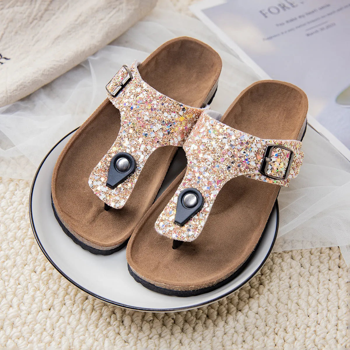 Cork flip-flops with frosted artificial leather upper and PVC sole in pink, silver, or gold colours