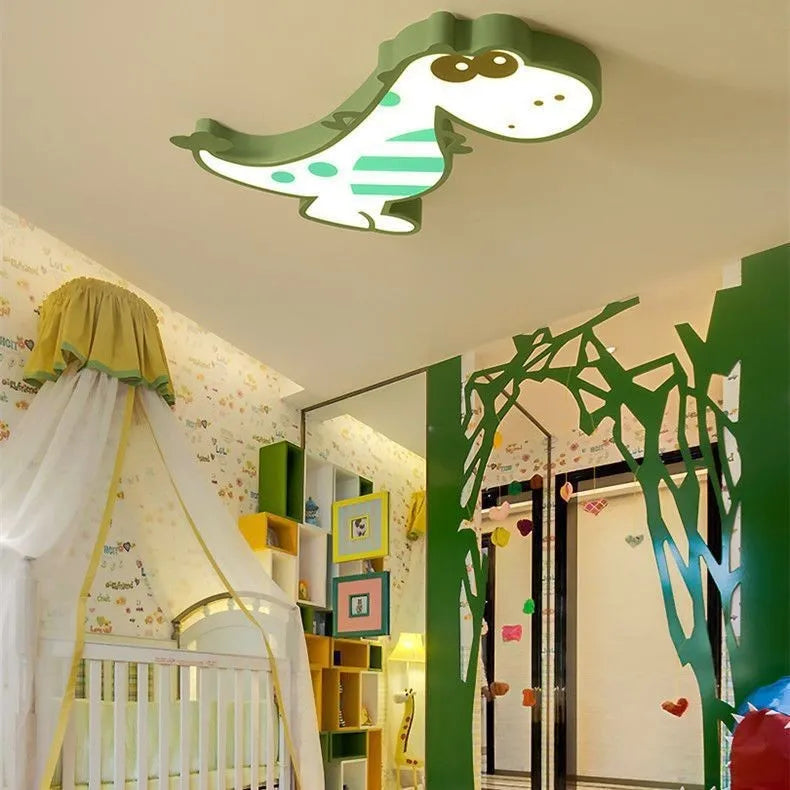Children's ceiling light with cartoon dinosaur shade and dimmable green or pink light