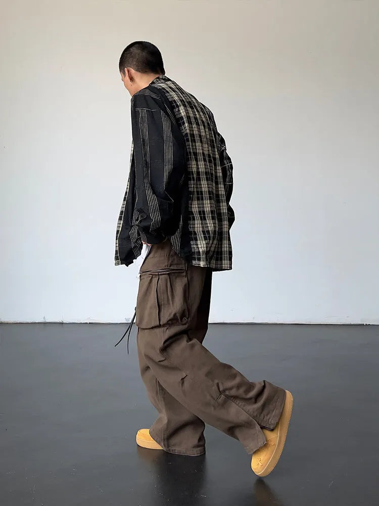 Vintage high waist loose wide leg trousers in coffee colour for women polyester fabric side view