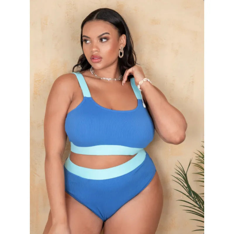 Solid colour high waisted bikini set for women in plus sizes, made from polyester fabric.
