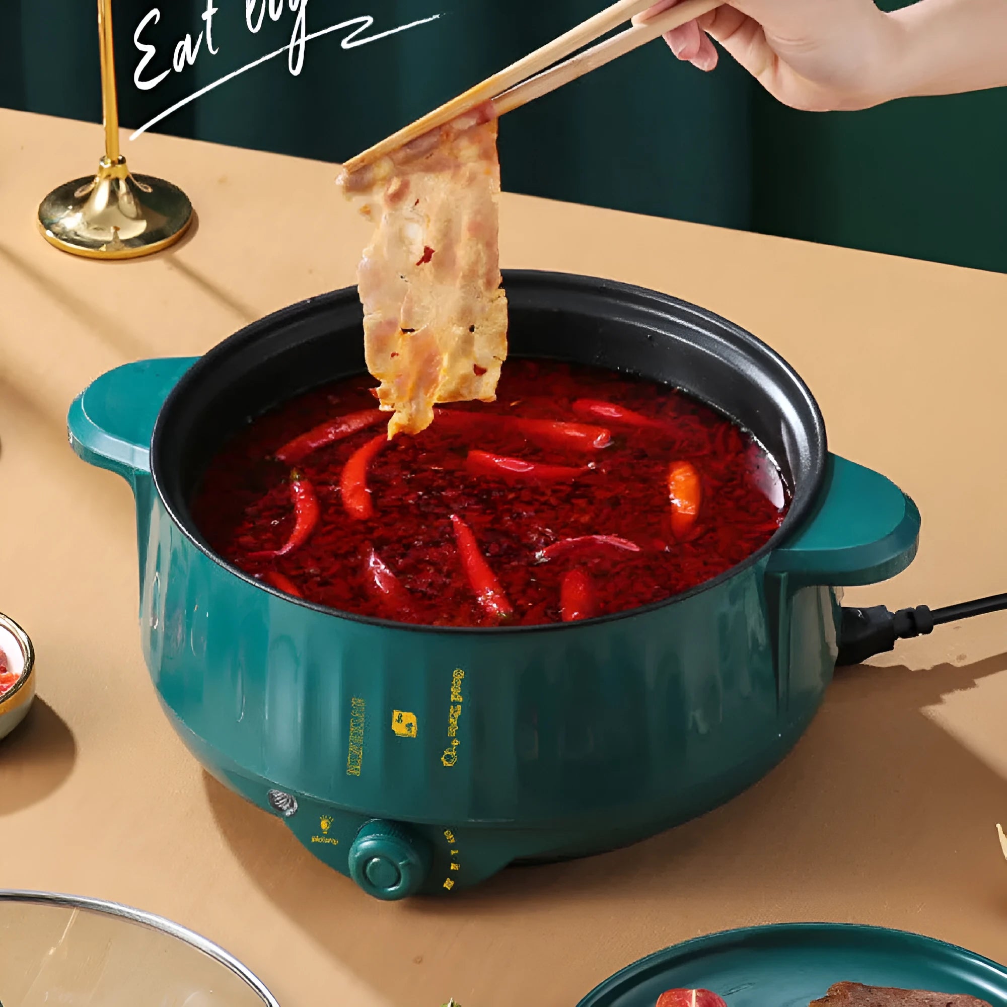 Integrated electric hot pot with stainless steel body in green or white colour