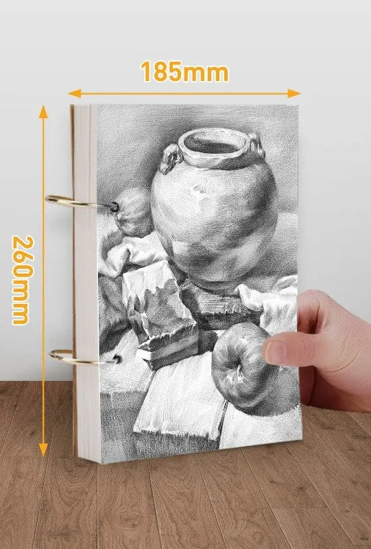 Thickened 8K sketchbook with 70 sheets, detachable coil binding, open to a marker drawing on white paper