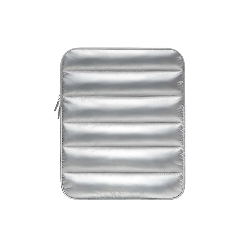 Fluffy air puff laptop sleeve with elastic sides for 9.7-11 inch devices in black, khaki, silver