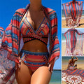 Women's three-piece swimsuit set showing high-waisted briefs, cutout sleeveless blouse and matching coat in pictured colour
