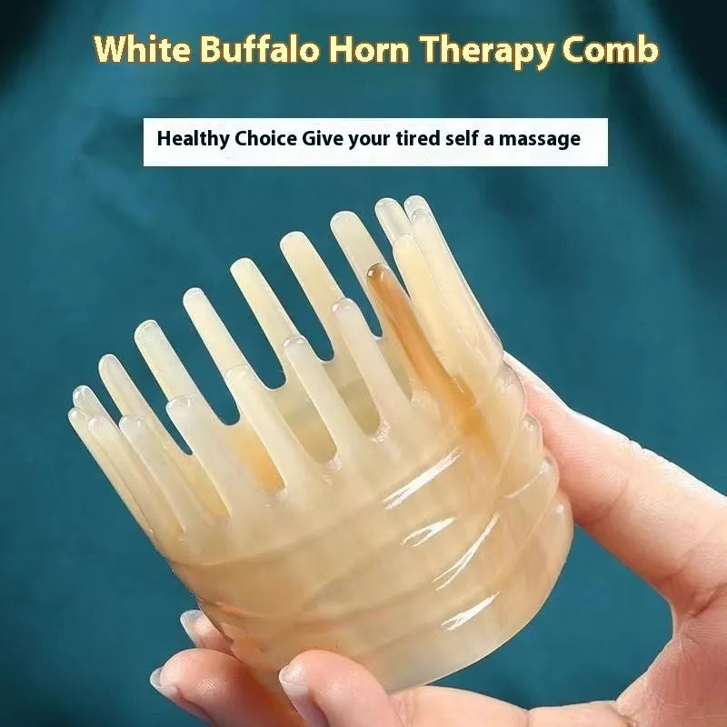 White buffalo horn meridian massage comb showing four different combing surfaces