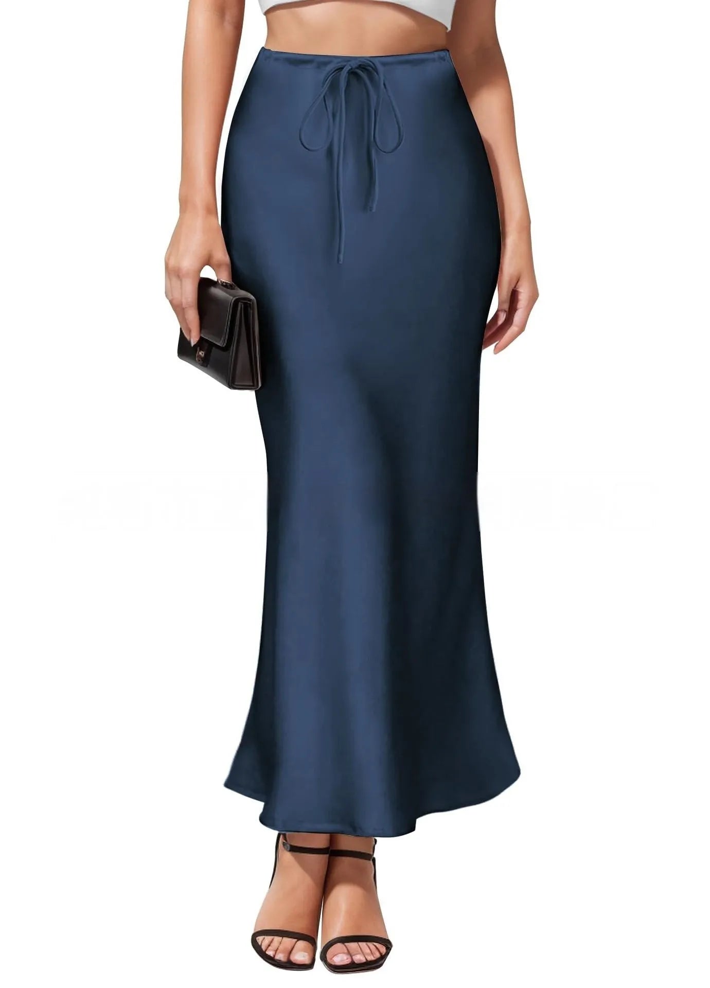 Women's asymmetric acetate satin skirt in a solid colour with high waist and irregular stitching detail.