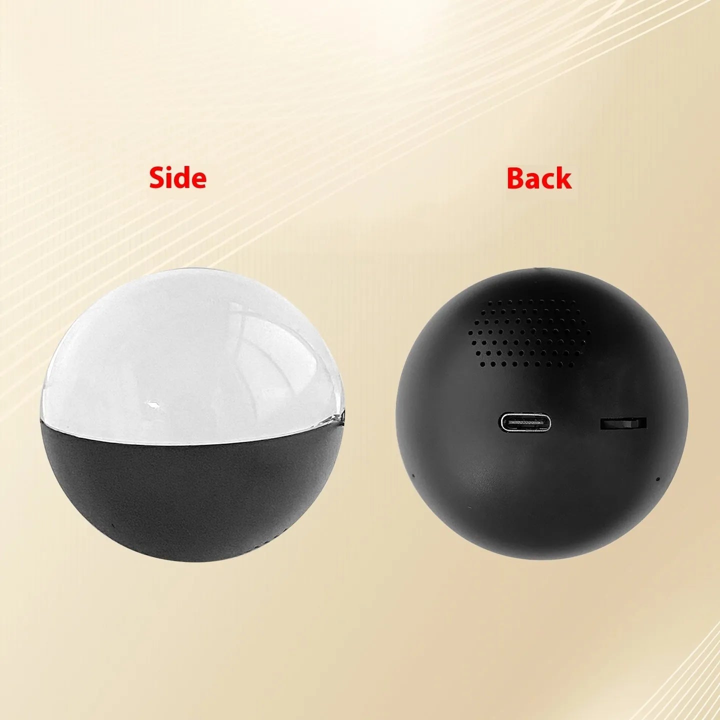 Spherical electronic video player with a round colour screen in orange, blue, white, pink, or black.